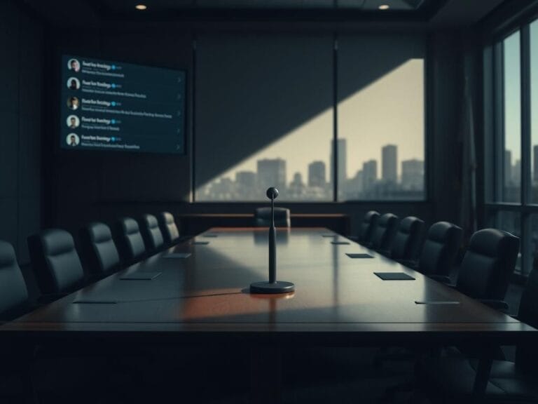 Flick International Empty city council meeting room with a polished wooden table and a single microphone, symbolizing the resignation of Bree Montoya.