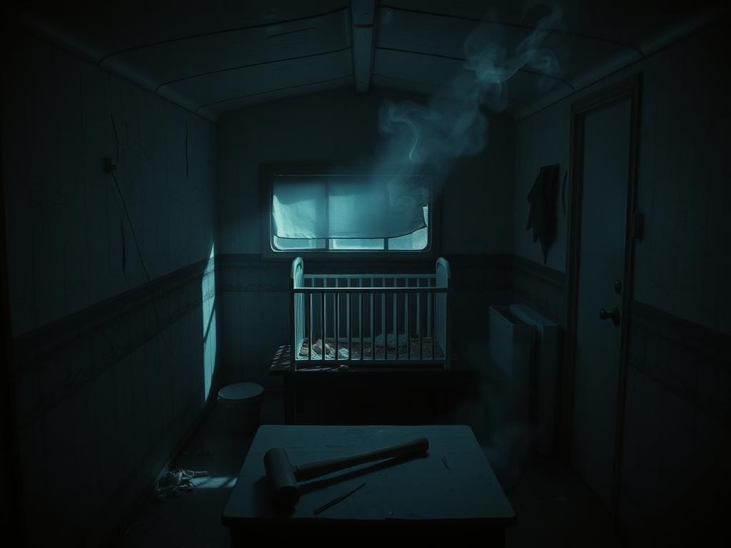 Flick International Dimly lit interior of a rundown trailer with an empty child's crib