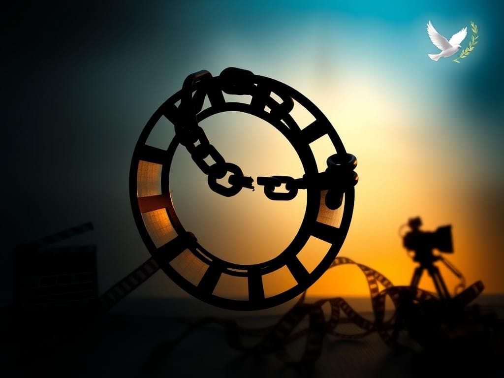 Flick International A visually striking film reel shaped like a broken chain link representing artistic censorship.