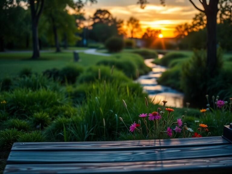 Flick International A tranquil park setting at sunset with a weathered wooden bench and a glowing sky