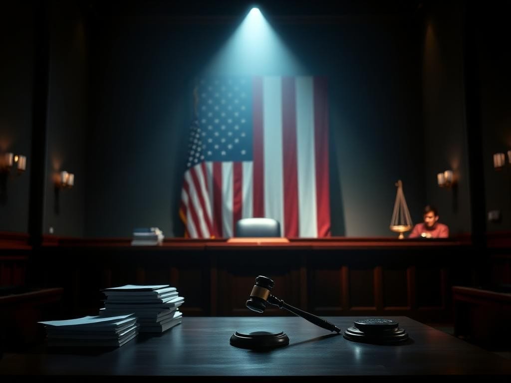 Flick International Empty witness stand in a courtroom with legal documents and an American flag