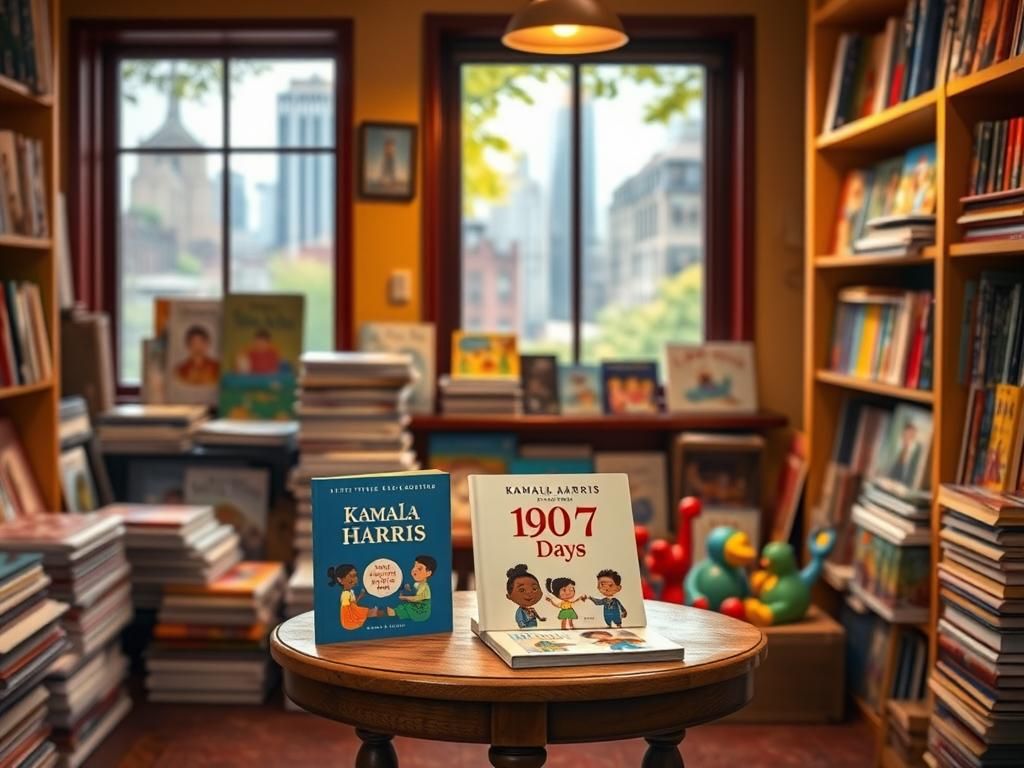 Flick International Cozy bookshop scene with Kamala Harris's book '107 Days' and children's toys