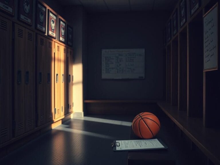 Flick International Dimly lit basketball locker room with empty lockers and a deflated basketball, symbolizing stress and burnout.