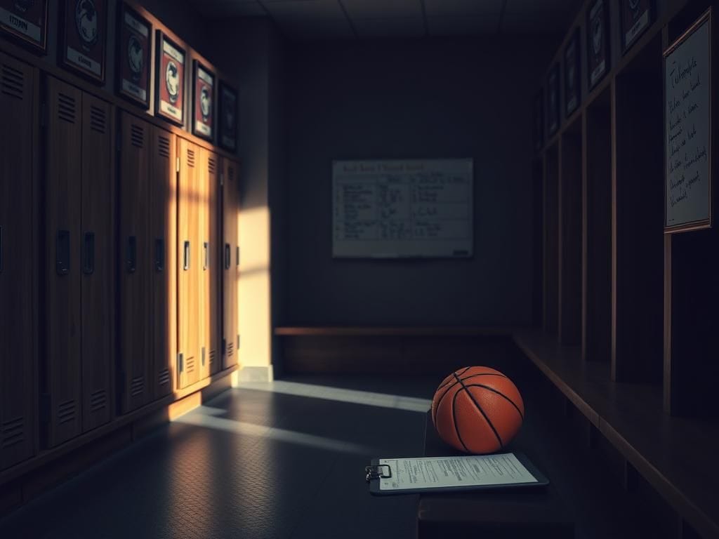 Flick International Dimly lit basketball locker room with empty lockers and a deflated basketball, symbolizing stress and burnout.