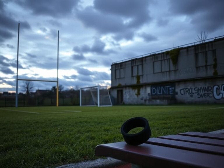 Flick International deserted football pitch at dusk with a weathered goalpost and empty bench, symbolizing loss