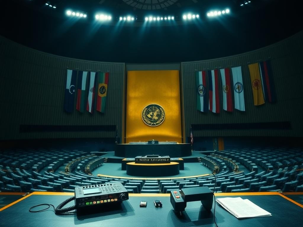 Flick International A dramatic view of the United Nations General Assembly hall with empty seats and a large podium, highlighting technological failures