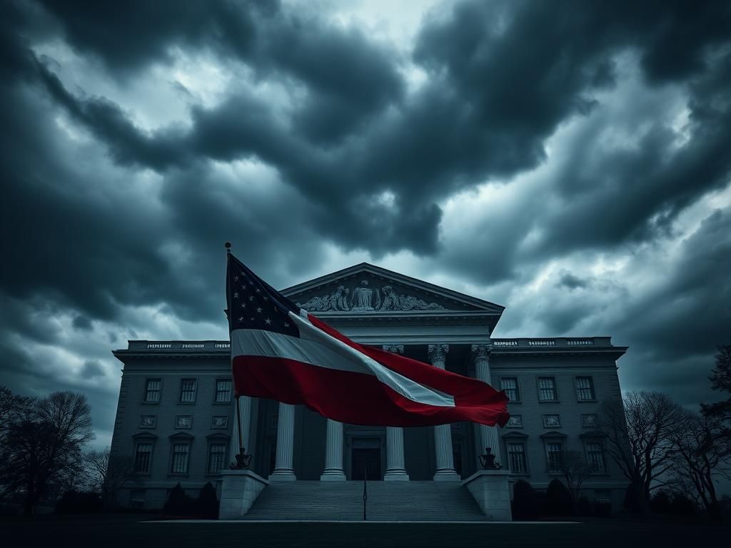 Flick International A somber courthouse under dark storm clouds with an American flag in the foreground