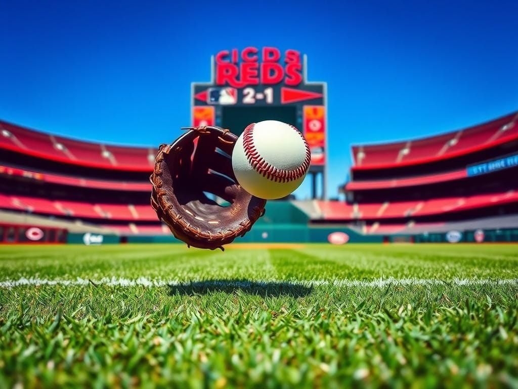 Flick International Baseball glove making a spectacular mid-air catch against a blue sky