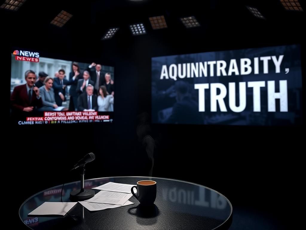 Flick International Dimly lit news studio set with late-night talk show desk and breaking news monitors