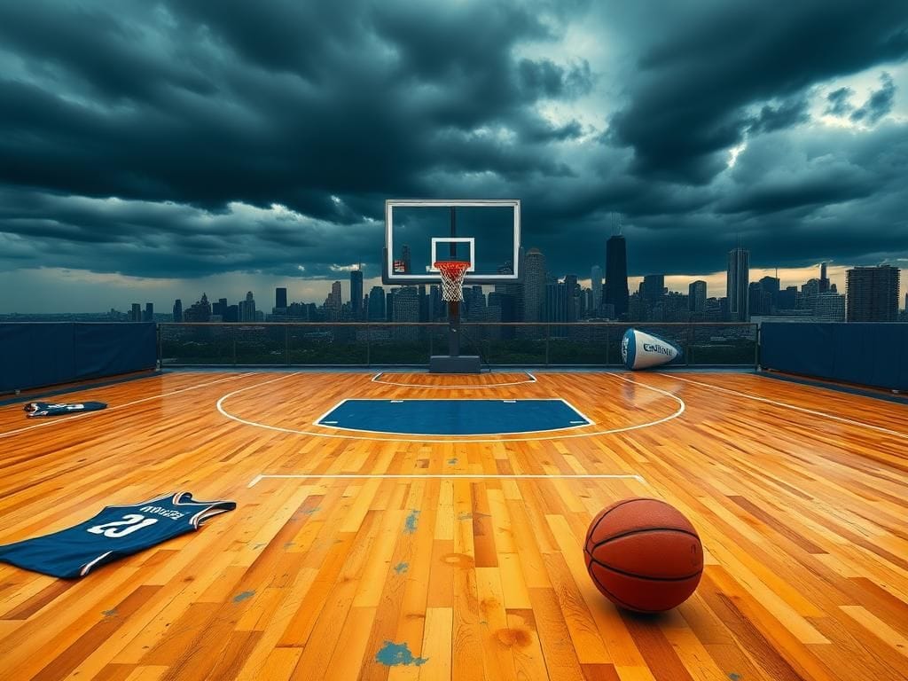 Flick International Vibrant basketball court in Chicago with an empty hoop symbolizing unmet potential