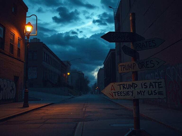 Flick International Urban landscape at dusk showing an empty street filled with political graffiti