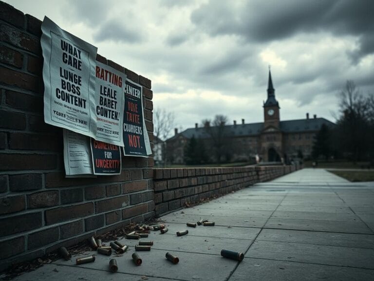 Flick International Weathered brick wall with tattered flyers reflecting political turmoil at Georgetown University