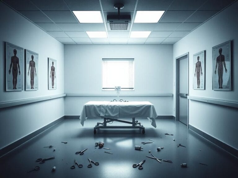 Flick International A stark, empty examination room with a lone examination table and scattered medical instruments