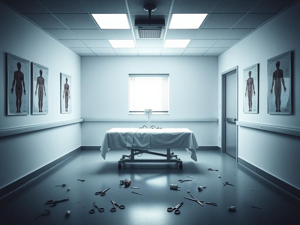 Flick International A stark, empty examination room with a lone examination table and scattered medical instruments