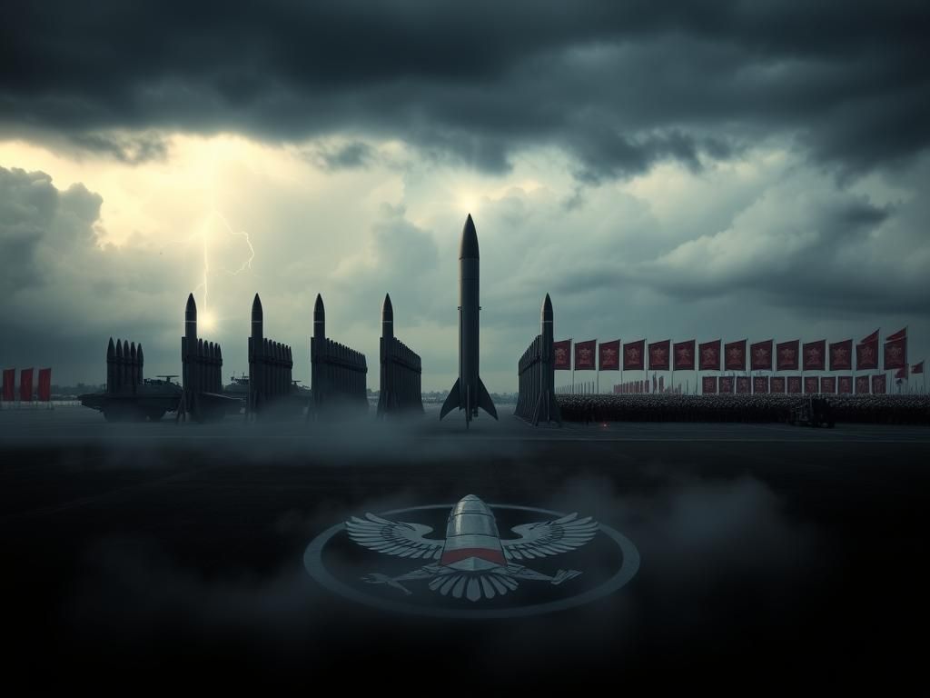 Flick International A dramatic military parade featuring modern nuclear weaponry against stormy skies.