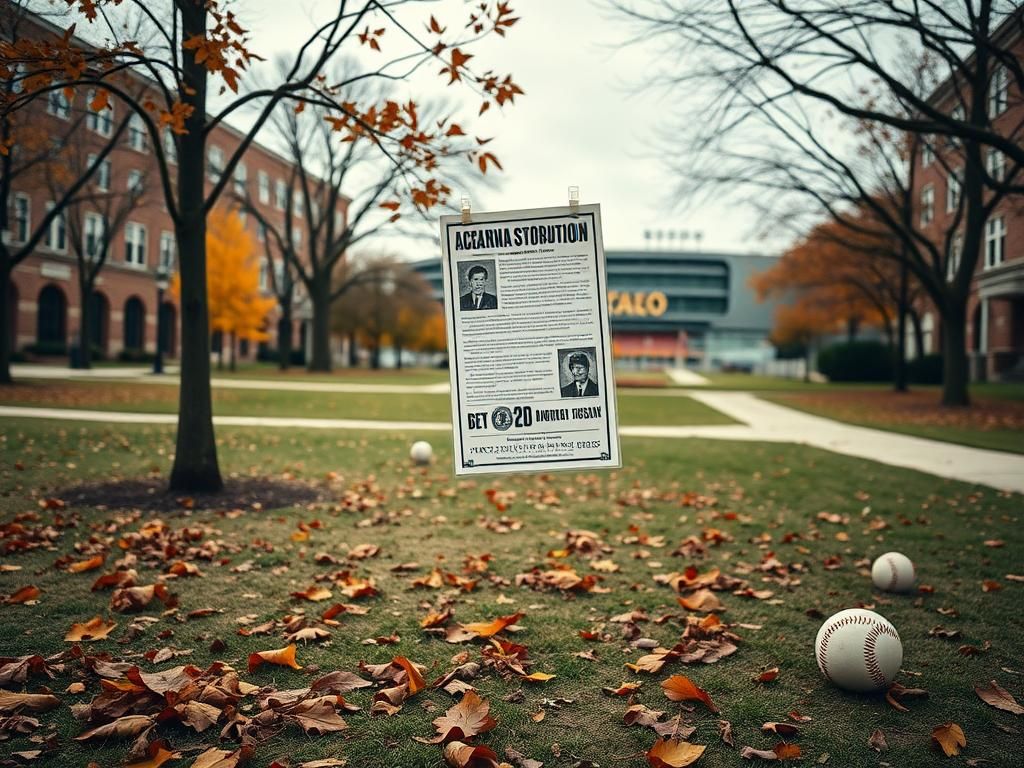 Flick International Serene university campus quad with fallen leaves and a controversial flyer