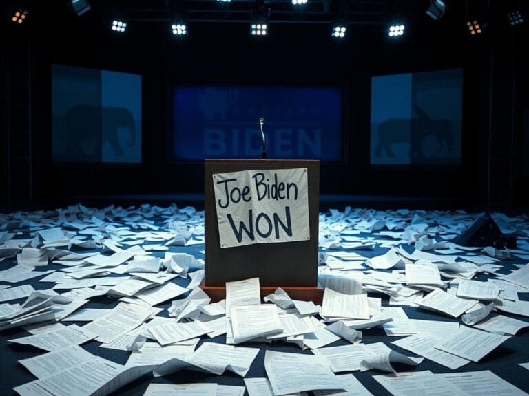 Flick International Disorganized debate stage with 'Joe Biden Won' sign and scattered talking points