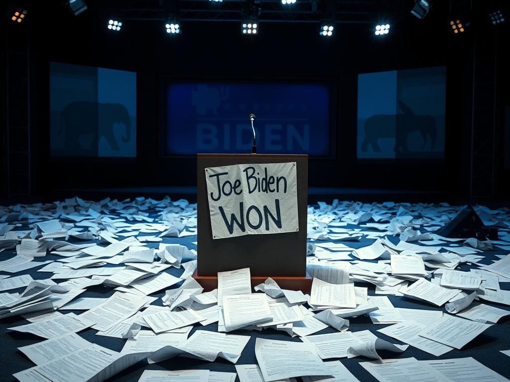 Flick International Disorganized debate stage with 'Joe Biden Won' sign and scattered talking points