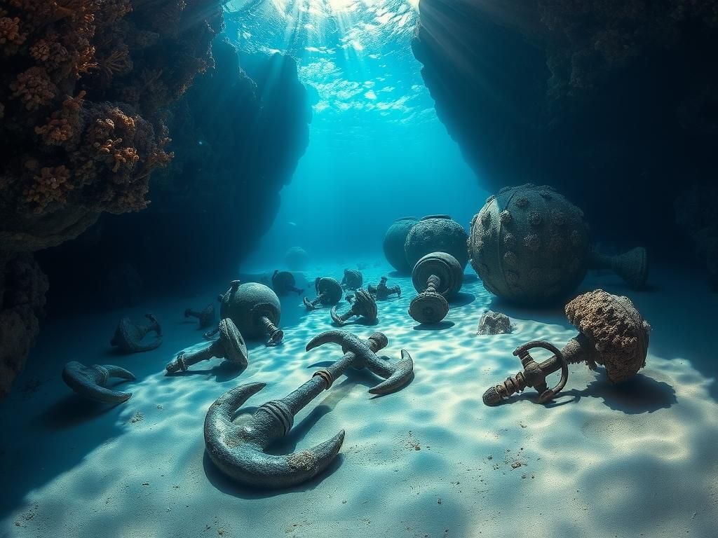 Flick International Ancient harbor submerged underwater near Cleopatra's temple with weathered anchors and amphorae