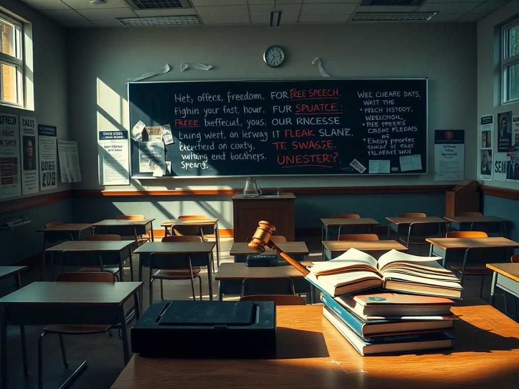 Flick International Fragmented university classroom symbolizing free speech turmoil with empty desks and defaced posters