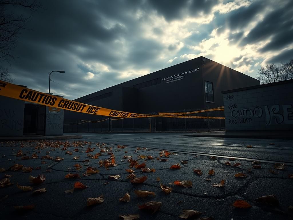 Flick International Exterior view of a U.S. Immigration and Customs Enforcement (ICE) facility surrounded by caution tape and fallen leaves.