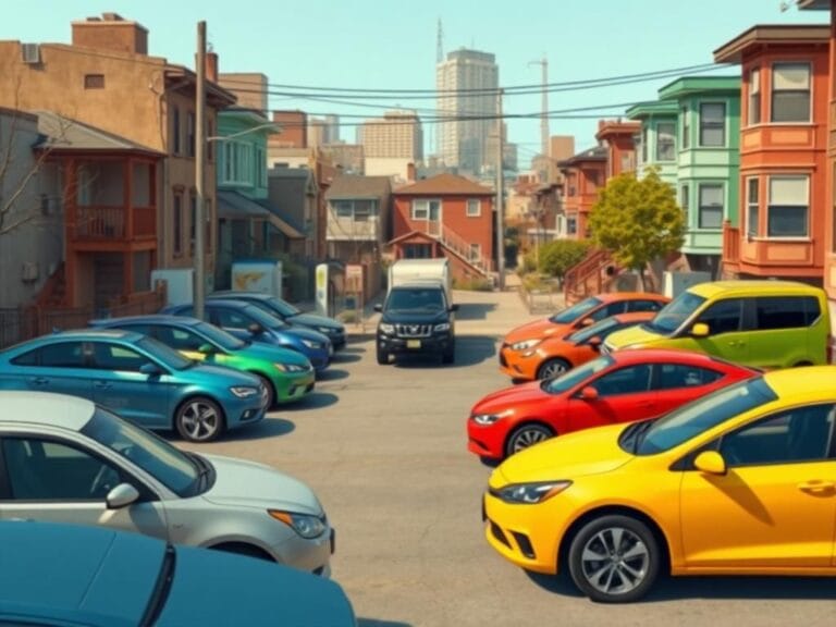 Flick International A vibrant cityscape showcasing a diverse range of affordable automobiles in an urban neighborhood.