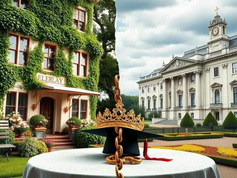 Flick International A vibrant depiction of a sorority house contrasted with a regal palace, symbolizing Meghan Markle's clash between individuality and tradition.