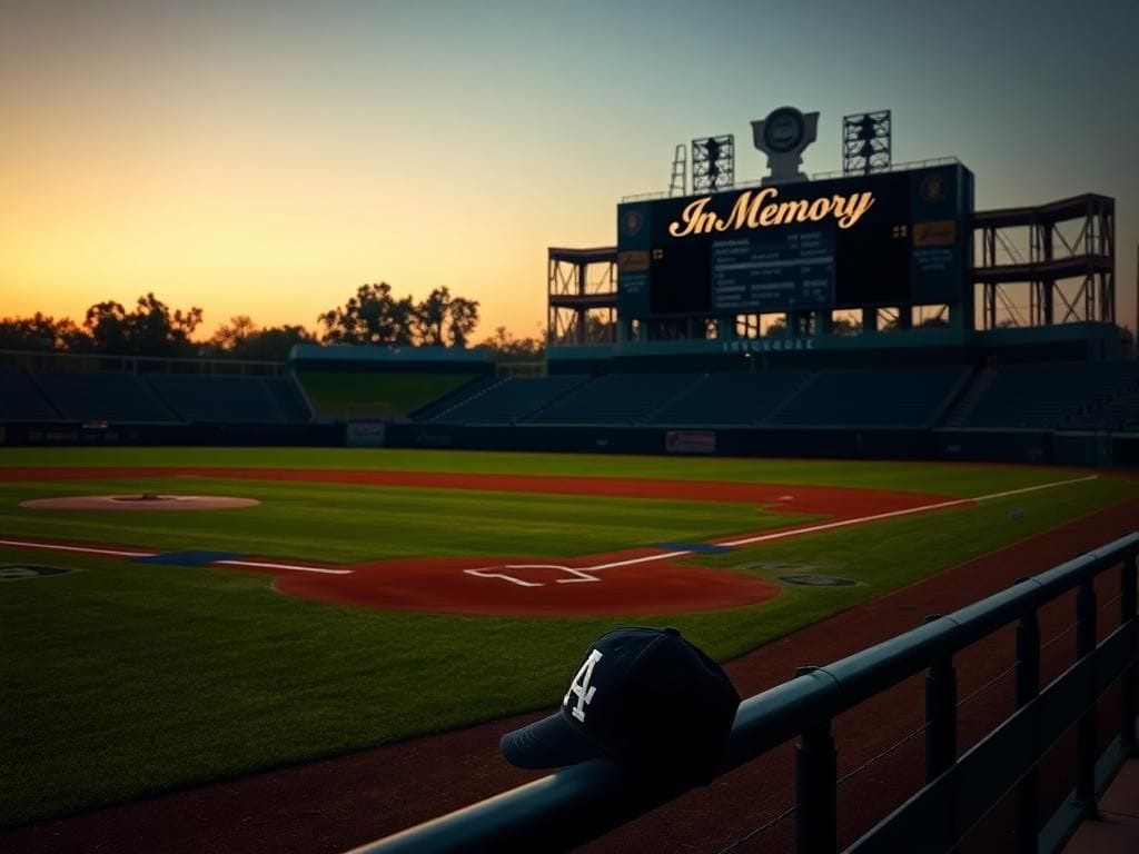 Flick International A somber baseball field at twilight with empty bleachers and a vibrant green diamond