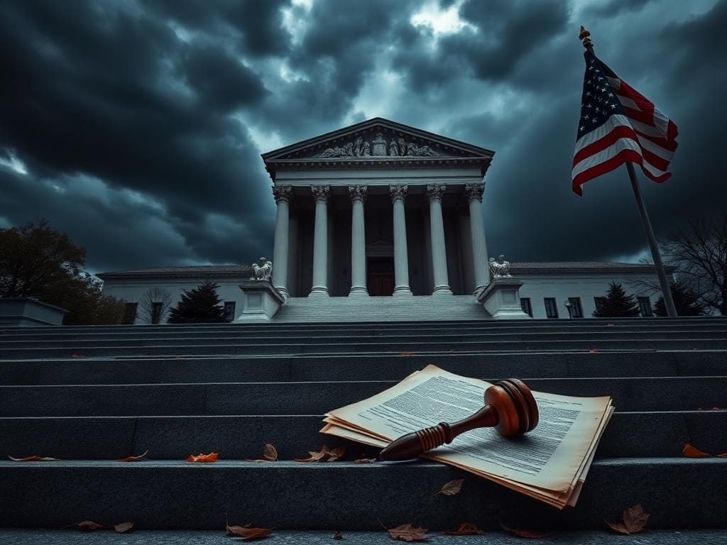 Flick International A courthouse steps scene with dark storm clouds overhead, symbolizing turmoil and justice