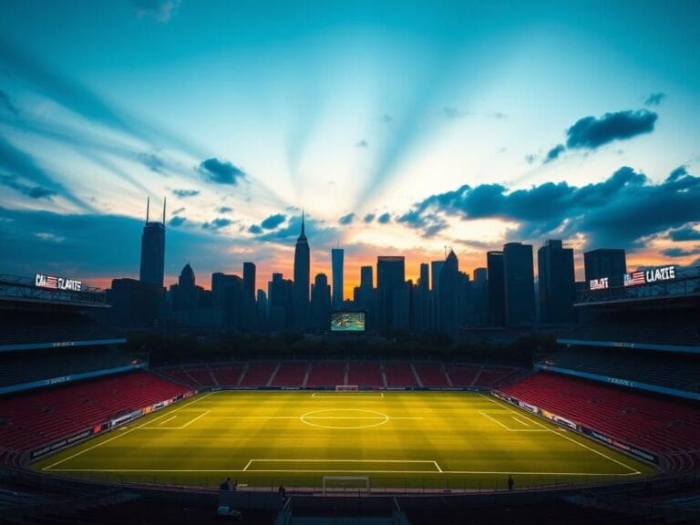Flick International Dramatic twilight skyline of a major U.S. city framing an empty soccer stadium ahead of the World Cup