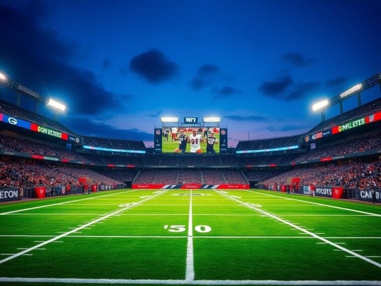 Flick International Dynamic football scene with an empty NFL stadium under bright lights