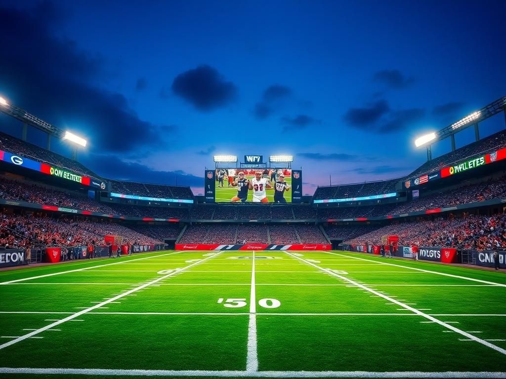 Flick International Dynamic football scene with an empty NFL stadium under bright lights