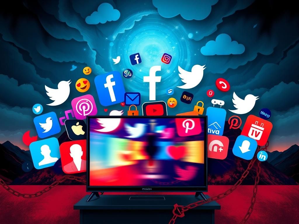 Flick International Surreal illustration depicting social media logos representing deplatforming and political controversy