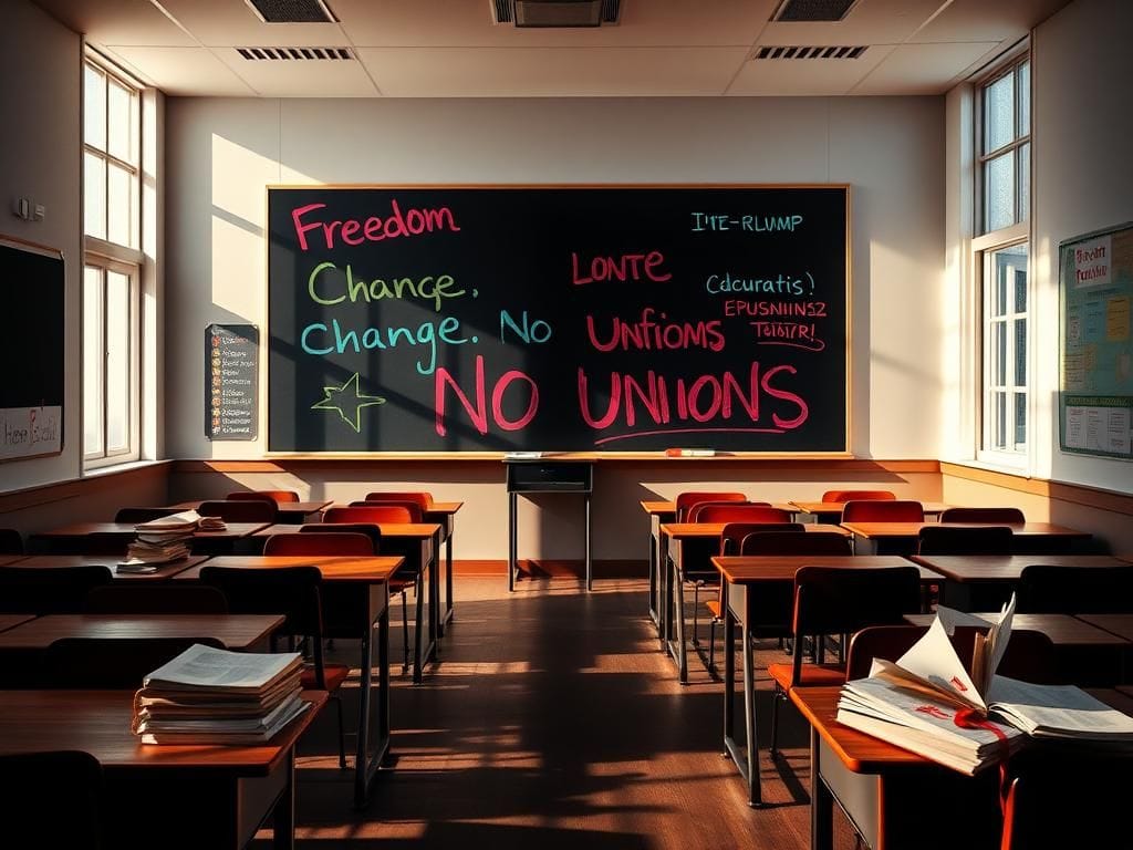 Flick International A dramatic classroom setting conveying themes of disruption and change as educational posters are defaced and desks arranged in a circular formation.