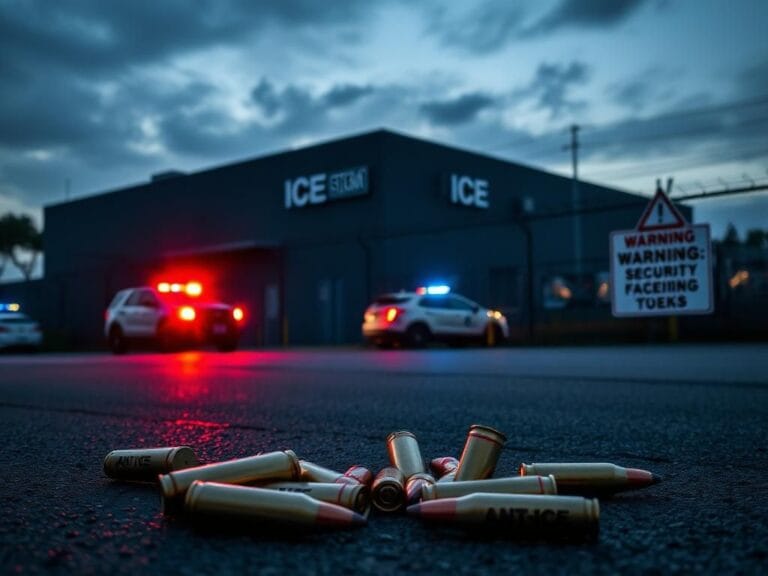 Flick International Darkened ICE facility at twilight with police lights and bullet casings