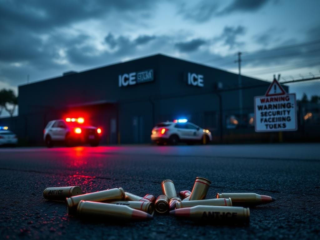 Flick International Darkened ICE facility at twilight with police lights and bullet casings