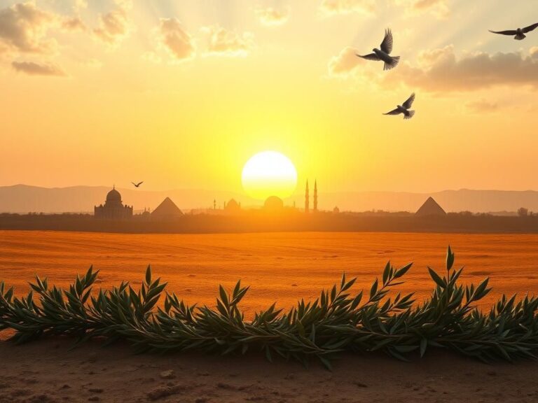 Flick International Sunrise over a peaceful landscape with olive branches symbolizing tranquility and resolution