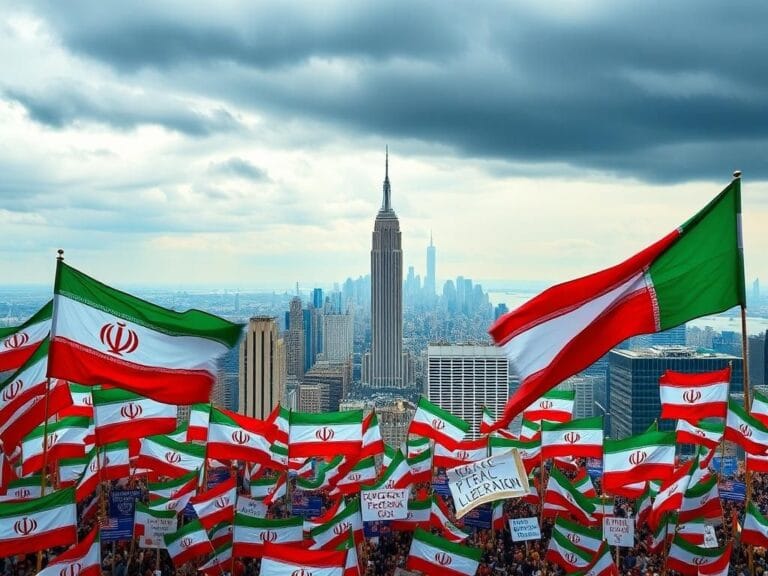 Flick International A vibrant landscape of New York City with large Iranian flags and colorful placards promoting democracy.