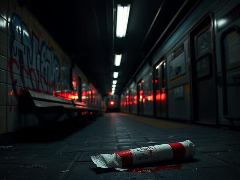 Flick International Dimly lit New York subway station with a discarded bloodied bandage on the ground.