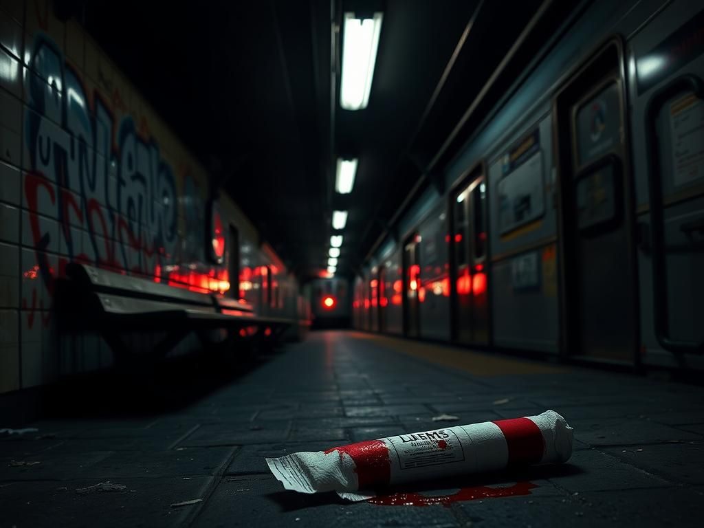 Flick International Dimly lit New York subway station with a discarded bloodied bandage on the ground.