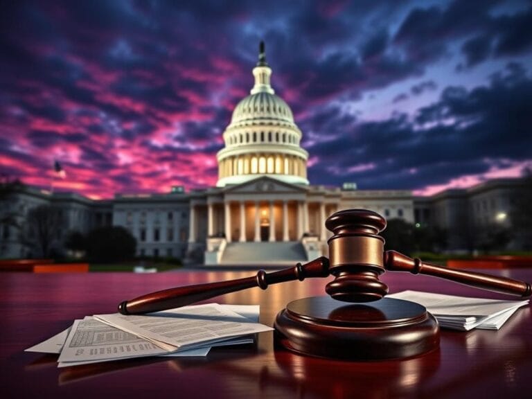 Flick International A dramatic depiction of the U.S. Capitol building at dusk with a gavel and scattered investigation papers.