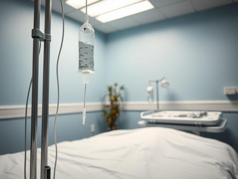 Flick International Hospital scene depicting bed with white sheets and IV stand indicating recent medical attention