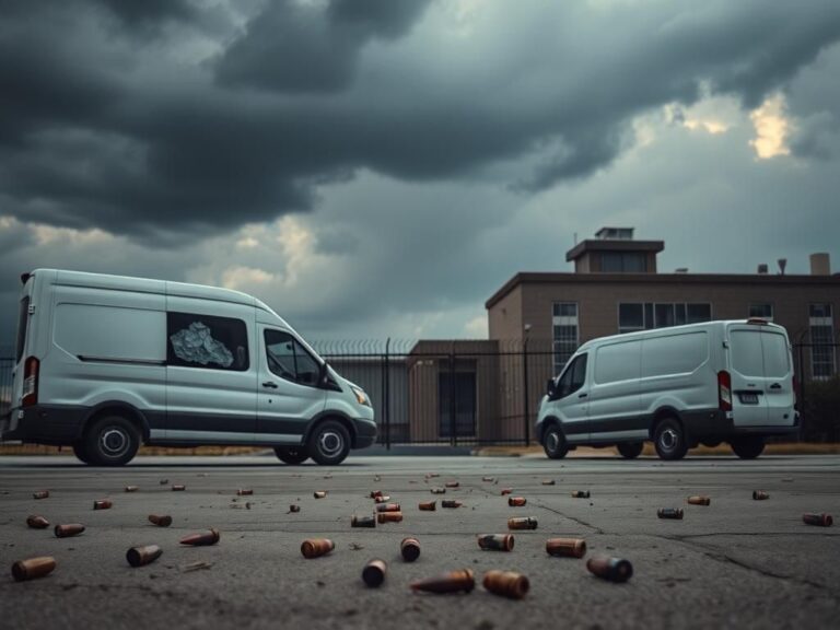 Flick International Scene depicting Dallas ICE facility under threat with bullet casings on the ground and guarded entrance visible.