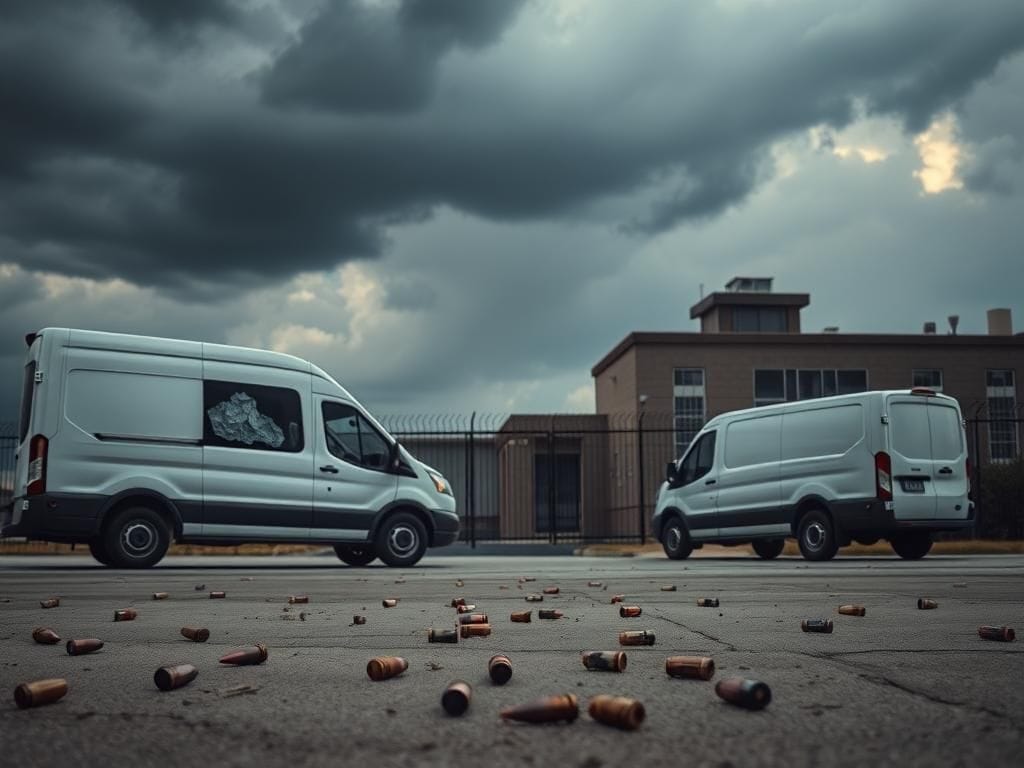 Flick International Scene depicting Dallas ICE facility under threat with bullet casings on the ground and guarded entrance visible.