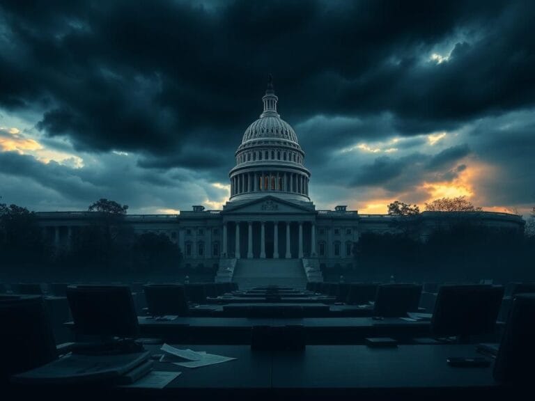 Flick International A government building shrouded in shadows representing uncertainty over the government shutdown