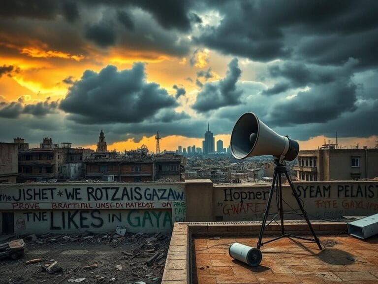 Flick International A desolate urban landscape of Gaza with crumbling buildings and loudspeakers symbolizing Netanyahu's broadcast