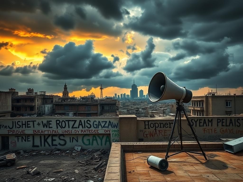 Flick International A desolate urban landscape of Gaza with crumbling buildings and loudspeakers symbolizing Netanyahu's broadcast