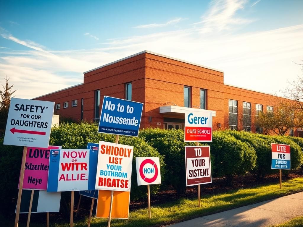 Flick International A tense school board meeting with colorful protest signs on transgender bathroom policies.
