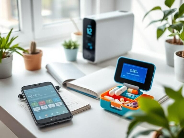 Flick International Modern smartphone displaying medication tracking apps on a serene workspace