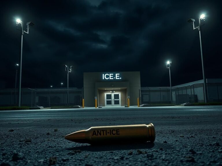 Flick International Nighttime view of an ICE facility under heightened security measures following the Dallas shooting incident